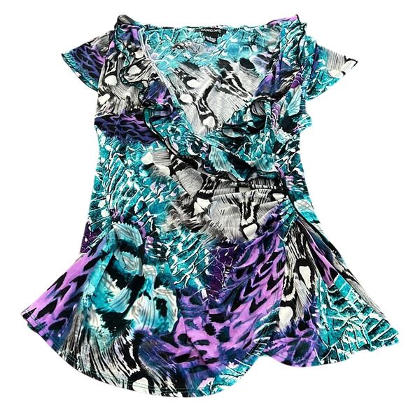 Luciano Dante Colorful Slinky Knit Surplice Top Blouse Woman Size Large Stretch - Picture 5 of 9